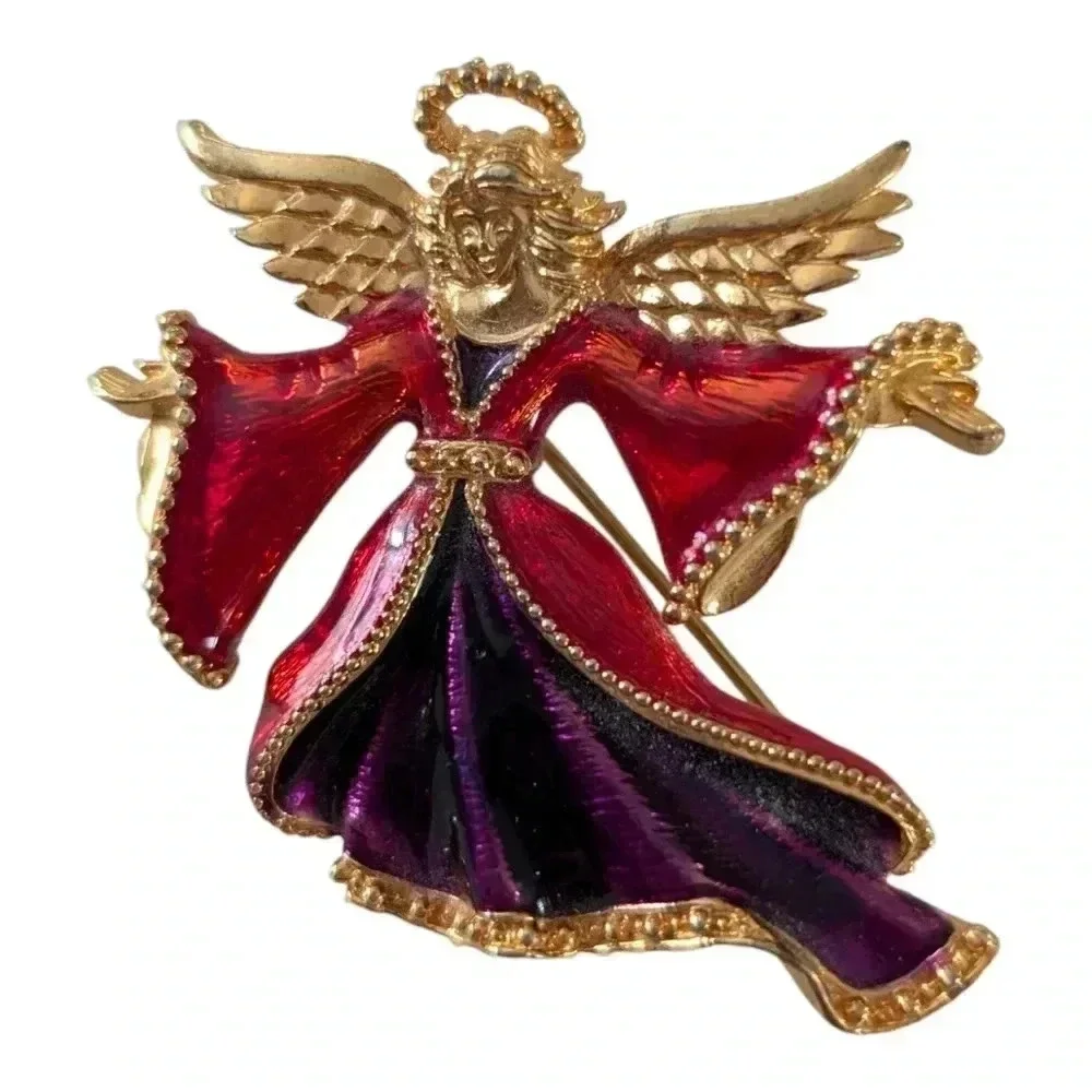 Christopher Radko Angel Brooch Red Purple Enamel Gold Tone Pin Signed 2 Tall 24$